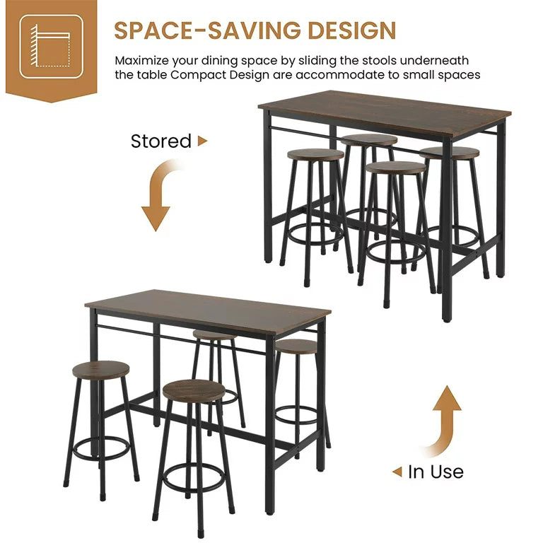 SYNGAR 5 Piece Bar Table Set, Kitchen Counter Height Table with 4 Stools, Space Saving Pub Table Set for 4 Person with Metal Frame, Wood Dining Table & Chair Set for Breakfast Nook Pub Bistro, B960