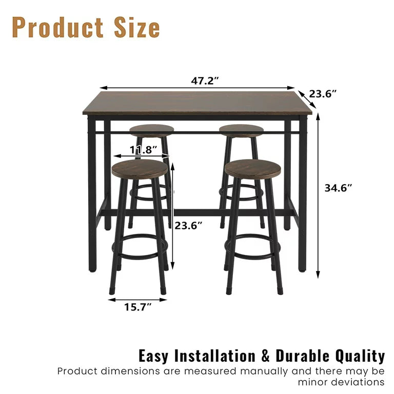 SYNGAR 5 Piece Bar Table Set, Kitchen Counter Height Table with 4 Stools, Space Saving Pub Table Set for 4 Person with Metal Frame, Wood Dining Table & Chair Set for Breakfast Nook Pub Bistro, B960