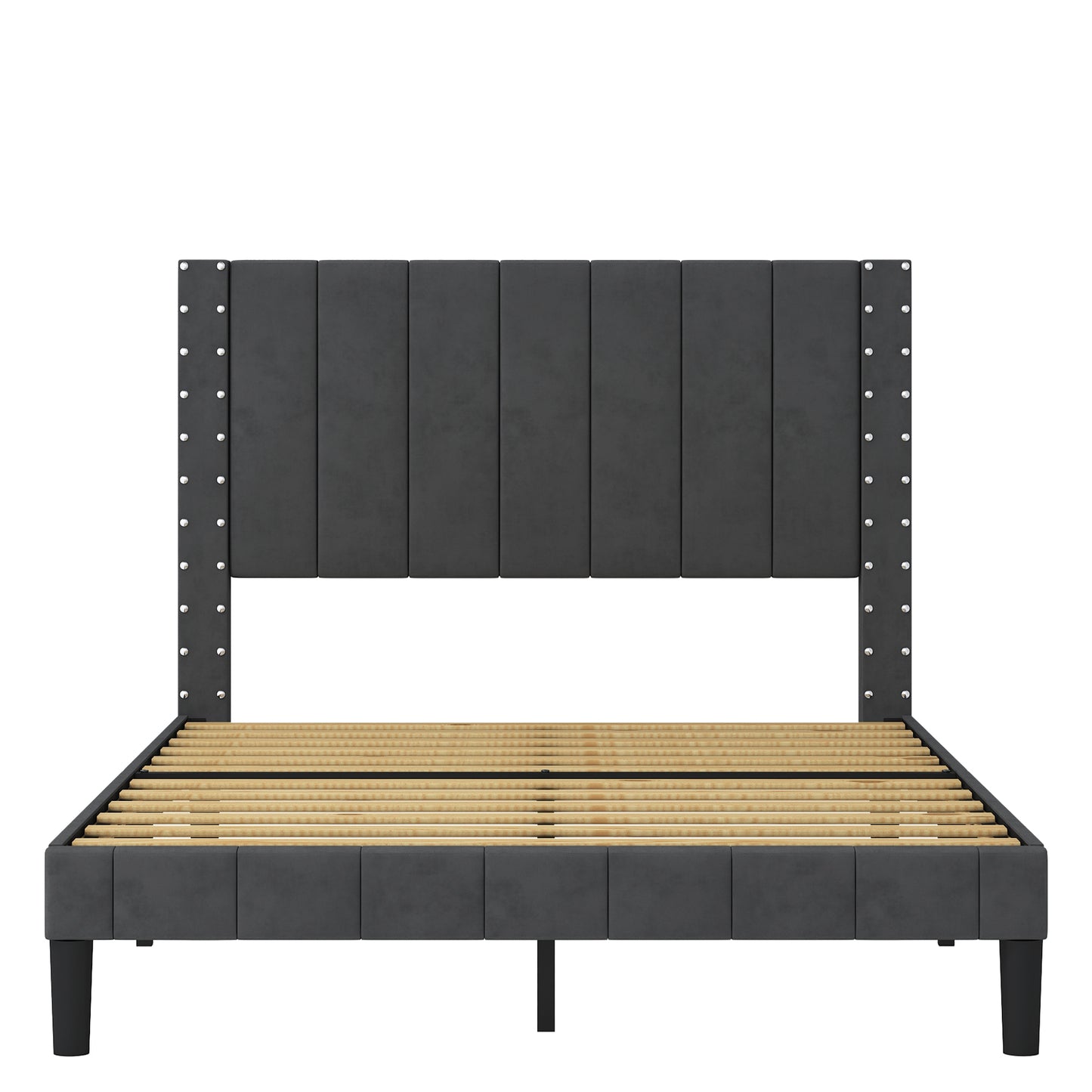 SYNGAR Full Bed Frame, New Upgrade Full Size Fabric Upholstered Platform Bed Frame with Elegant Headboard, Bedroom Furniture Wooden Frame Platform Bed Frame, No Box Spring Needed, Dark Gray
