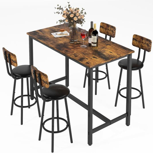 Modern Counter Height Pub Set, 5 Piece Dining Table Set with 4 Cushioned Stools, Extra Long Bistro Bar Table with Footrest, Kitchen Breakfast Table Set for 4, Rustic Brown
