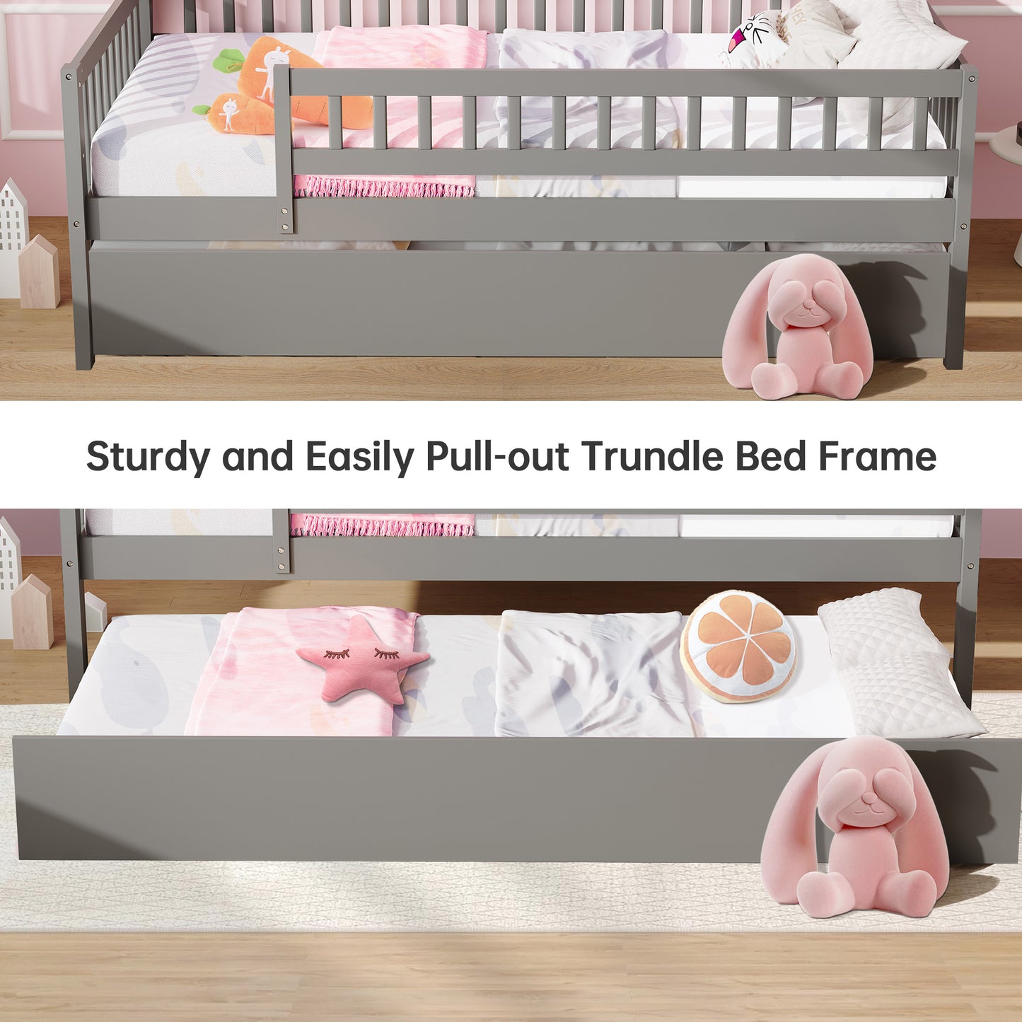 SYNGAR Twin Bed With Pull Out Trundle for Kids, Wooden Twin Size Bed Frames with Guardrails for Kid's Room, Bedroom, Trundle Bed Frame, No Box Spring Needed, Wood Slat Support, Gary