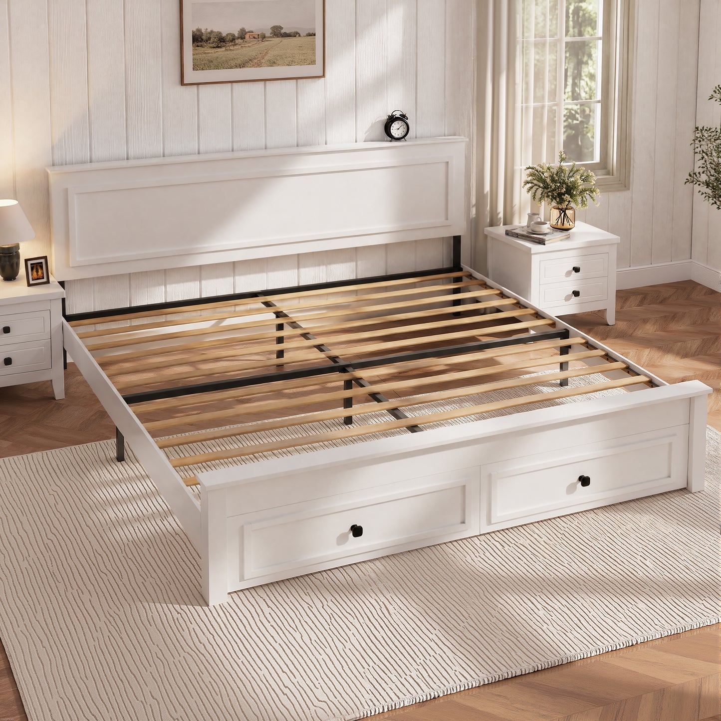 SYNGAR Queen Bed Frame with Storage, Queen Size Platform Bed with 2 Drawers, Wooden Bed Frame with Headboard, Heavy Duty Wood Support, No Box Spring, Farmhouse White Bed