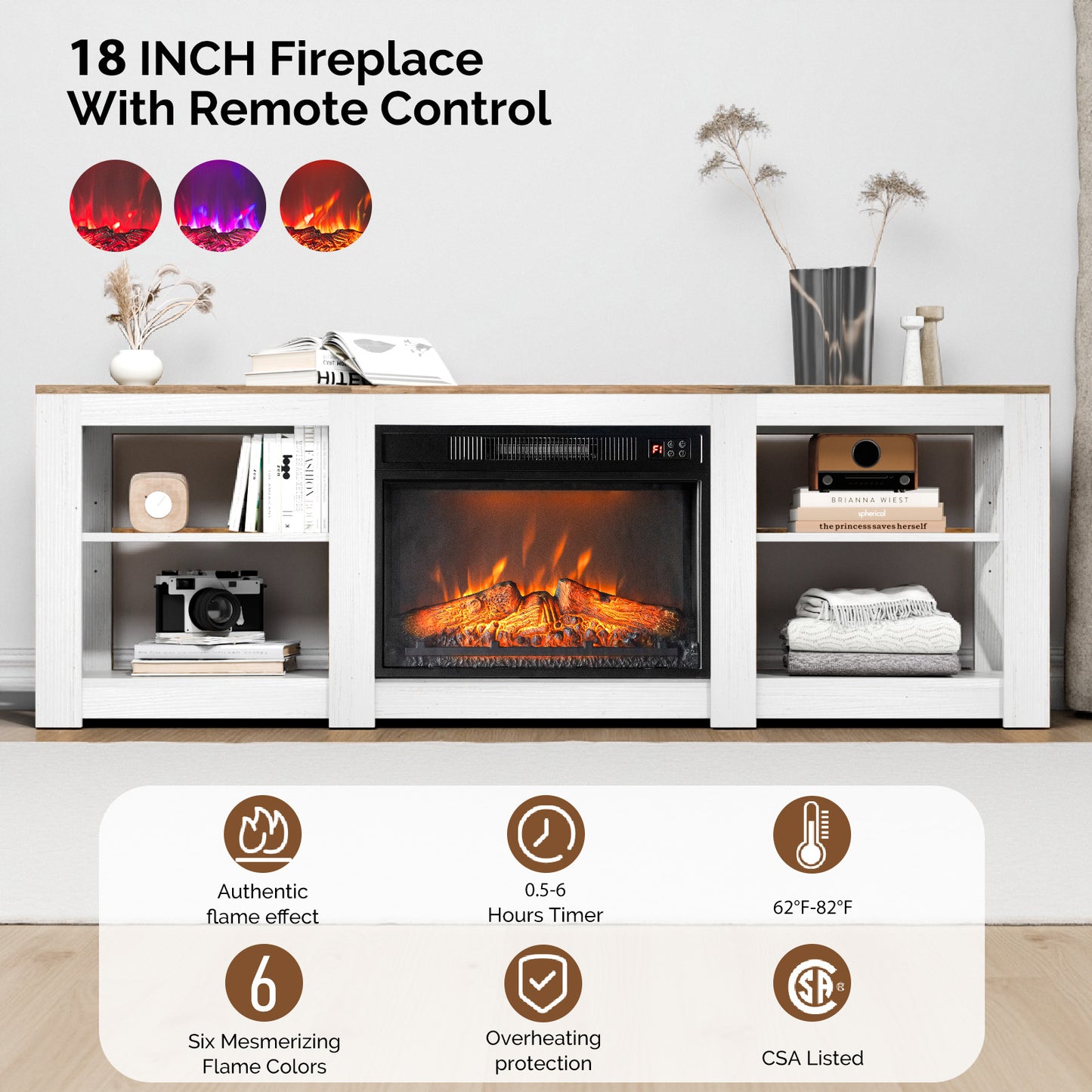 SYNGAR 70" Fireplace TV Stand with 23" Electric Fireplace with 6 Flame Colors, Entertainment Center with Open Shelves Storage, Modern Television Table Center for Living Room, White