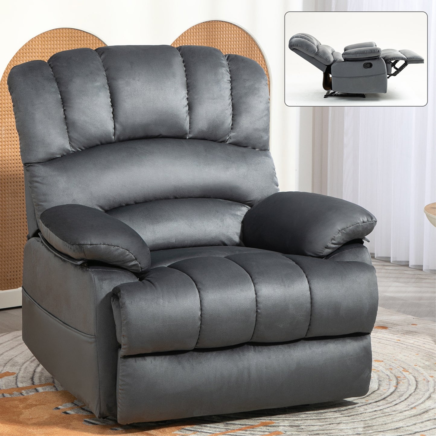 HSUNNS Oversized Manual Recliner Chair for Adults, Modern Fabric Reclining for Living Room, Single Sofa Home Theater with 2 Pockets, Easy Assembly, Gray