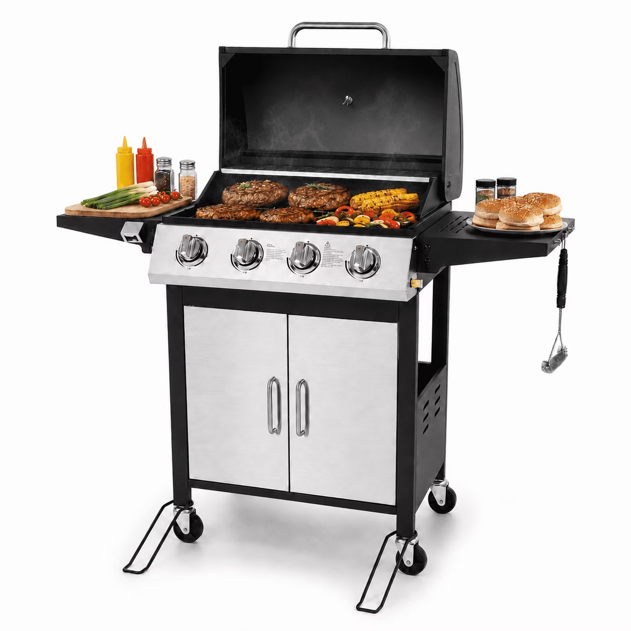 Syngar 4-Burner Propane Gas Grill, 40,000 BTU Outdoor BBQ Grill with 338 Sq. In. Cooking Area, Thermometer, Side Tables & 4 Locking Casters, Black