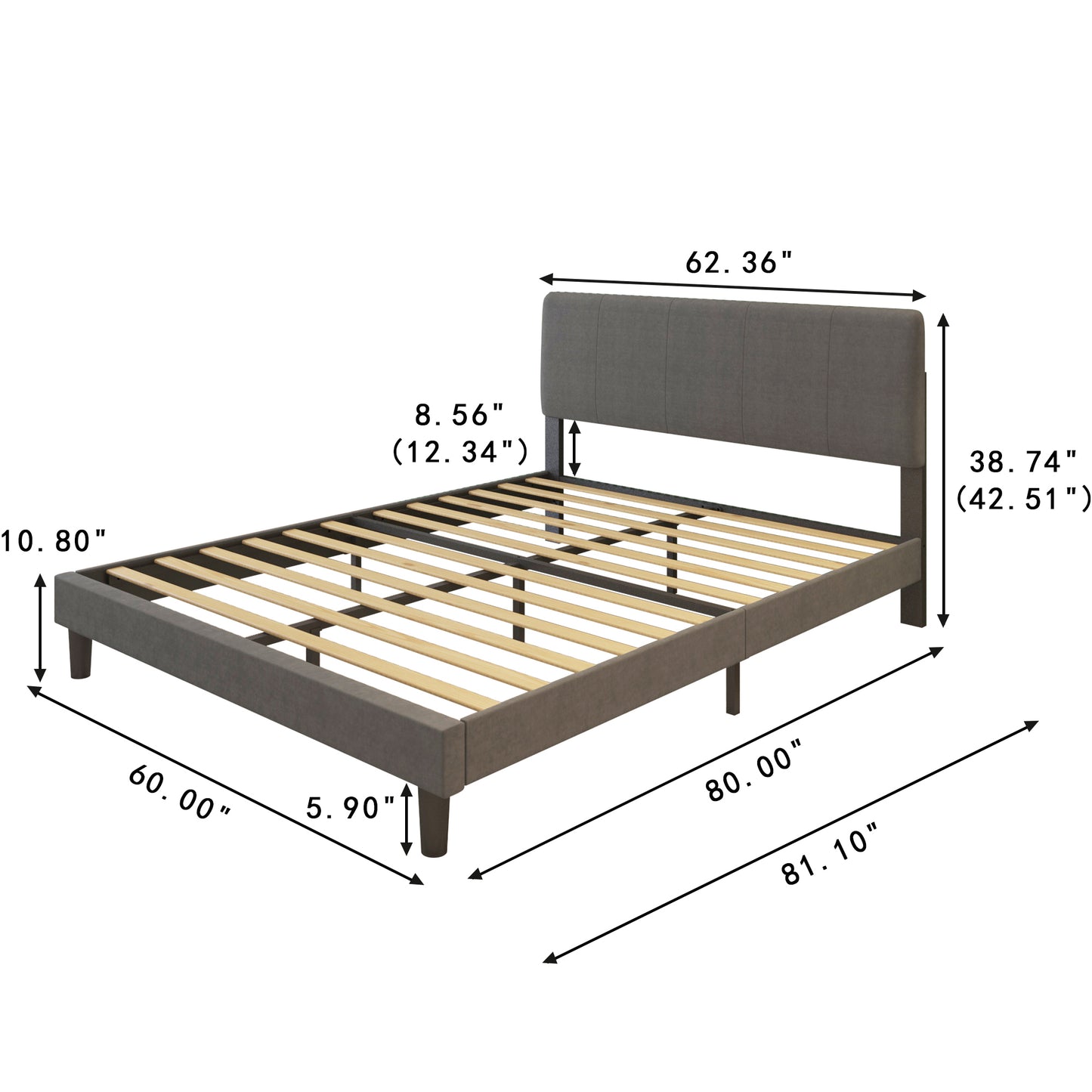 SYNGAR Queen Size Fabric Upholstered Platform Bed Frame with Elegant Headboard for Bedroom, No Box Spring Needed, Easy Assembly, Gray
