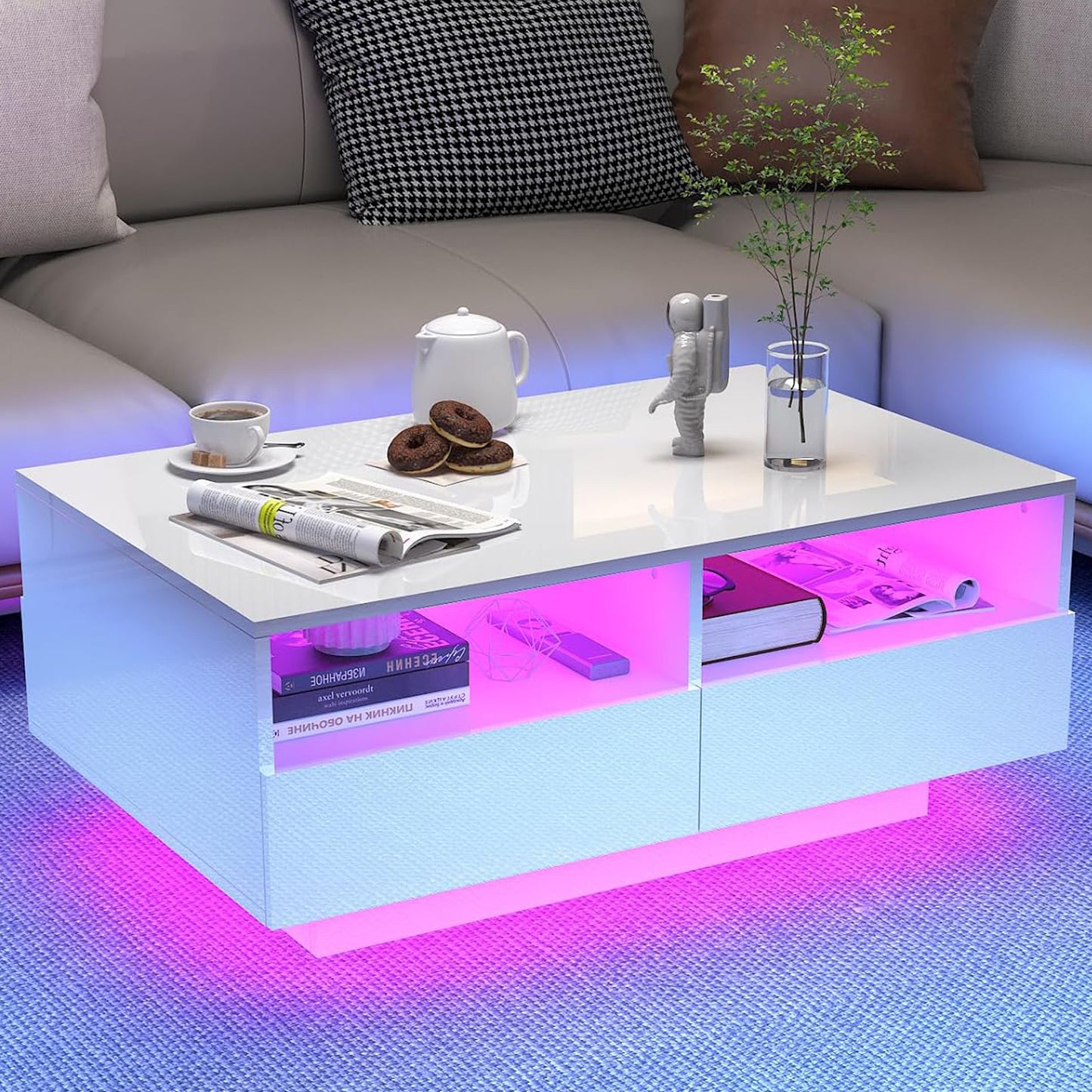 SYNGAR LED Coffee Table with 4 Storage Sliding Drawers and Open Shelves, Modern High Glossy Center Table Rectangular with Multiple Colors LED Lights for Living Room Bedroom, Easy Assembly, White