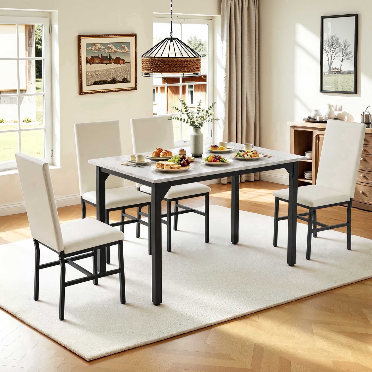 SYNGAR 5 Piece Dining Table Set for 4, Faux Marble Kitchen Table and 4 PU Leather Upholstered Chairs, Compact Dinette Set for Small Space, White