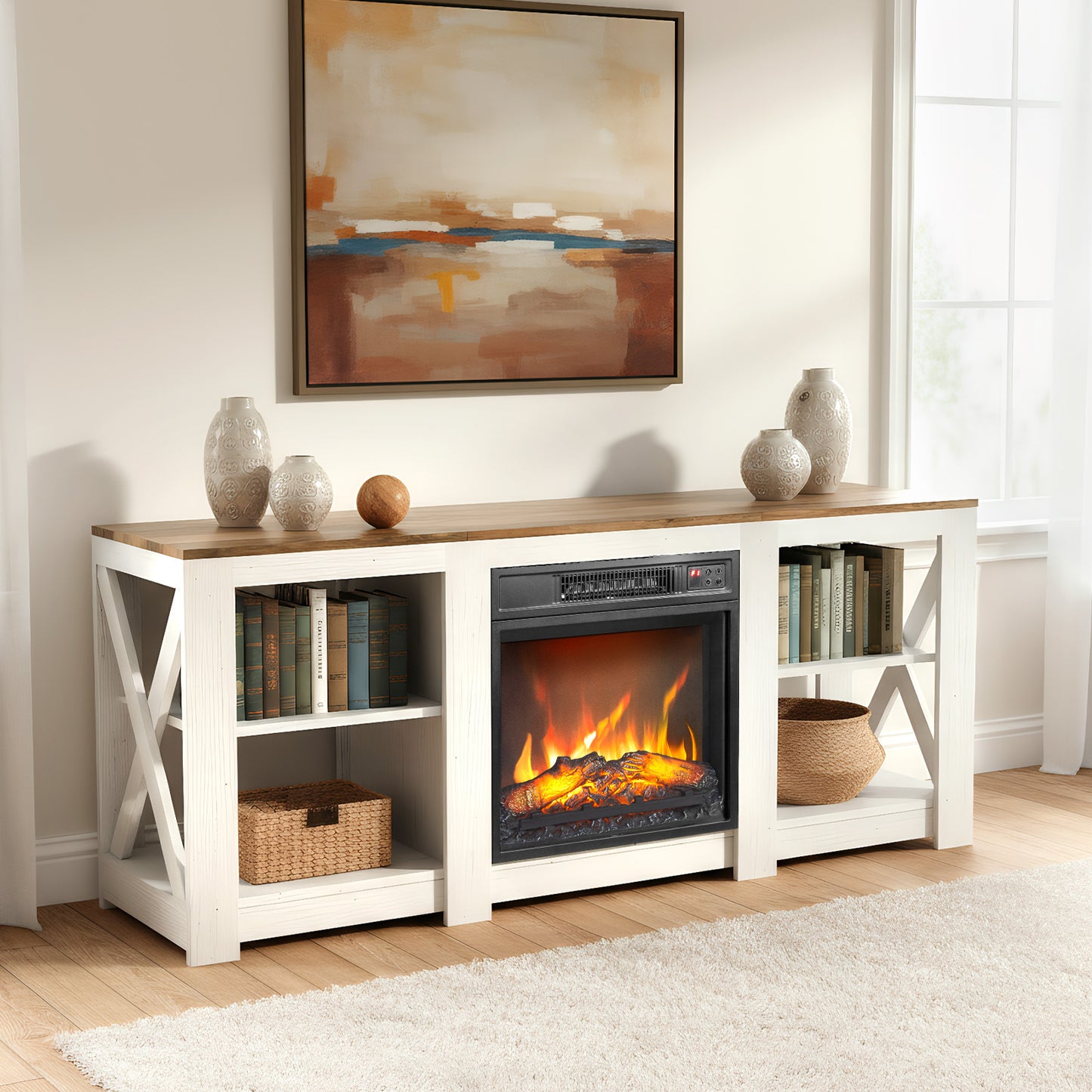 SYNGAR 58" Fireplace TV Stand with 18" Electric Fireplace with 6 Flame Colors, Entertainment Center with Open Shelves Storage, Modern Television Table Center for Living Room, White