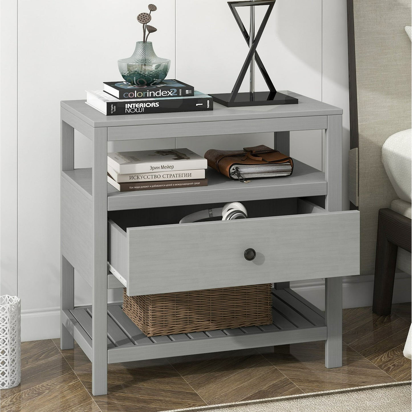 SYNGAR Gray Nightstand with Charging Station, Modern Solid Wood Nightstand with Large Slide Drawer and 2 Doors Flip Cabinet, Easy to Assemble, LJ1686