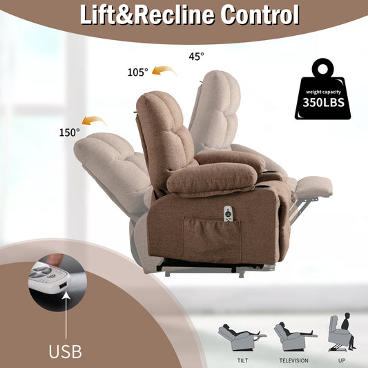 SYNGAR Power Lift Recliner Chair with Heat and Massage for Elderly, Oversized Lazy Boy Recliner Chair for Living Room with Cup Holder and USB Charge Port, Side Pocket and 2 Front Pocket, Brown