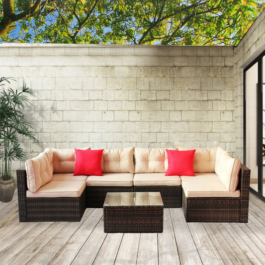 7 Piece Outdoor Patio Furniture Sofa Sets, Sectional Rattan Couch Set, All-Weather Wicker Deck Conversation Set with Coffee Table and Cushions, Bistro Set for Front Porch Garden Yard Poolside, K2773