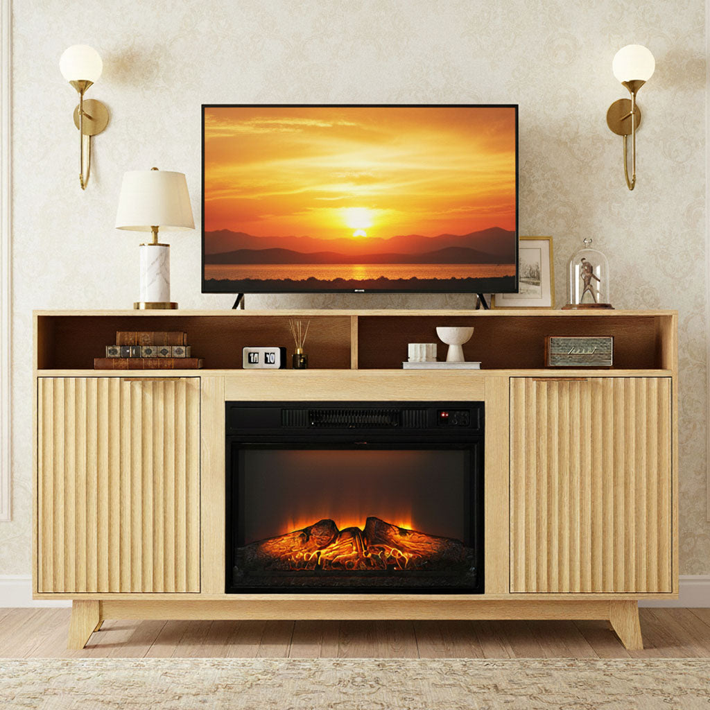 SYNGAR Fireplace TV Stand with 23 Inch Electric Fireplace Insert, 58 Inch Modern Media Console for Living Room, Entertainment Center with Open Shelves Storage, Oak Finish, Gold Handles