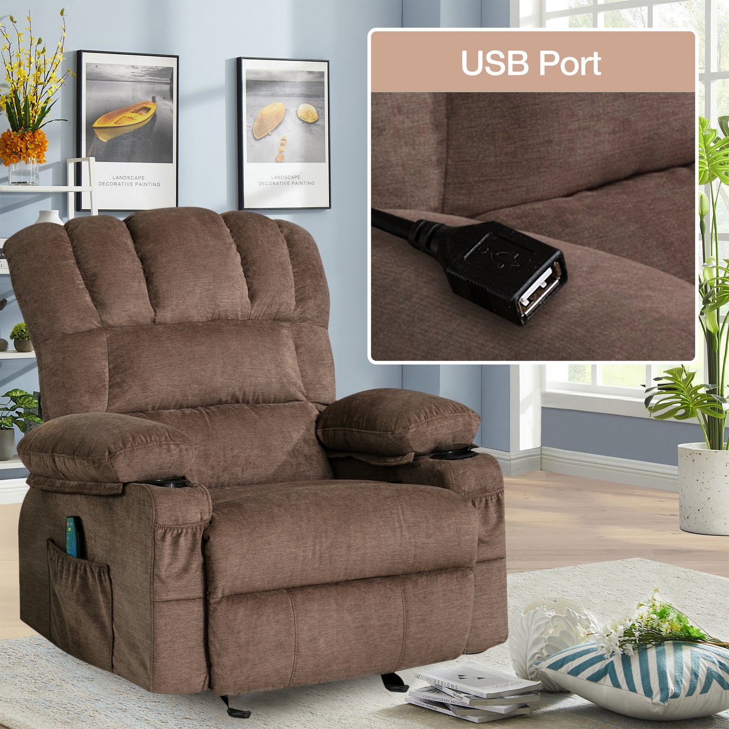 SYNGAR Manual Recliner Chair with Heat and Vibration Massage, Fabric Elderly Single Reclining Rocker Sofa with USB Charge Port, Cup Holders and Side Pocket for Bedroom Home Theater, Brown