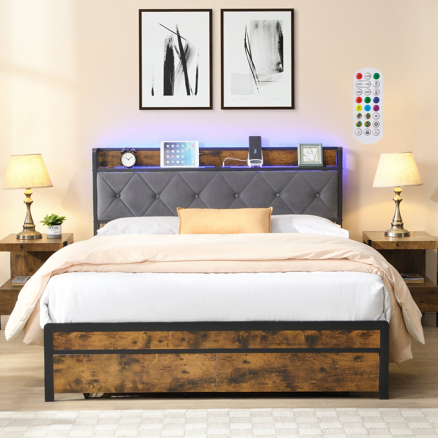 Full Bed Frame with Upholstered Headboard and LED Light, SYNGAR Platform Bed Frame with Charging Station and 2 Drawers, No Box Spring Needed, Easy Assembly, Oak Color