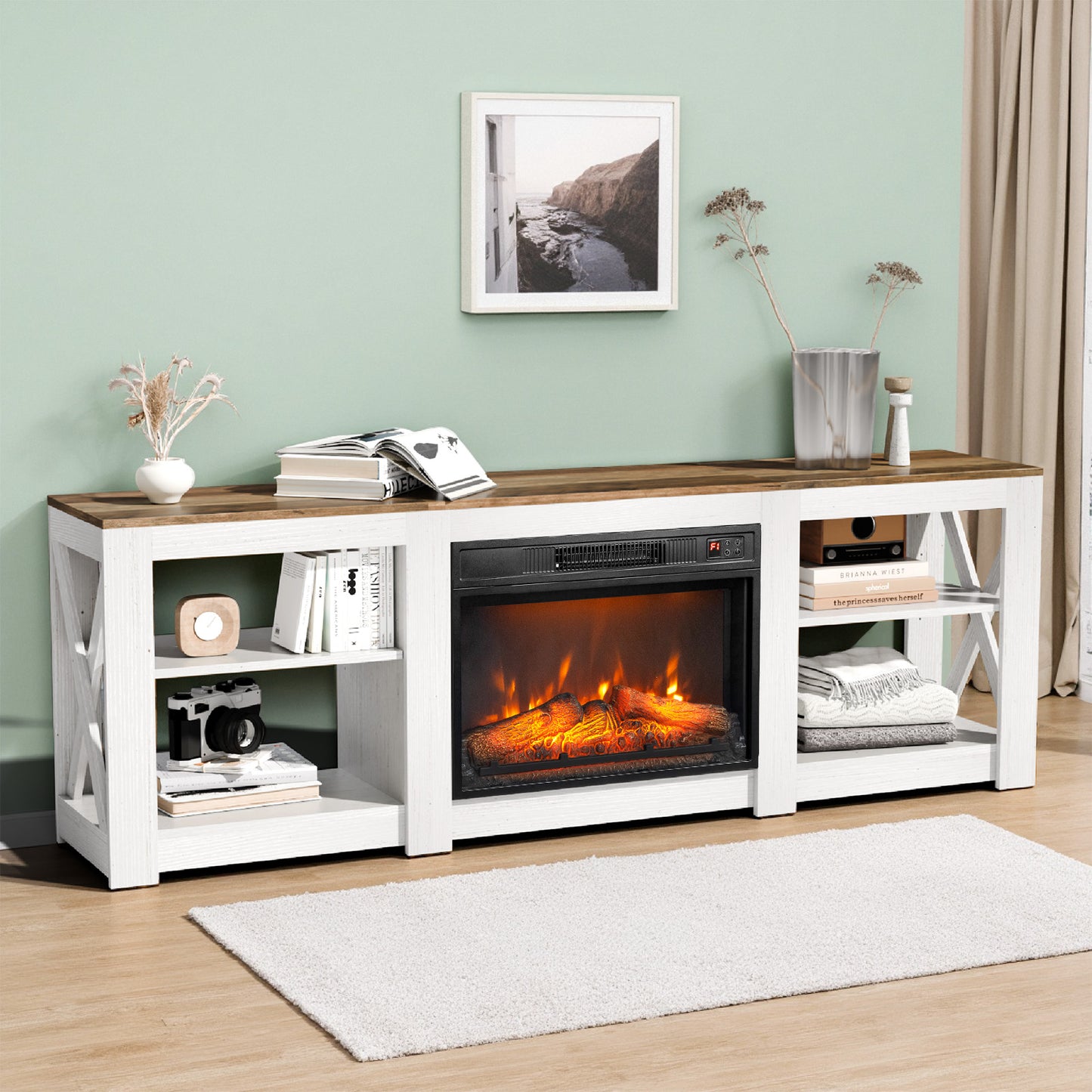 SYNGAR 70" Fireplace TV Stand with 23" Electric Fireplace with 6 Flame Colors, Entertainment Center with Open Shelves Storage, Modern Television Table Center for Living Room, White