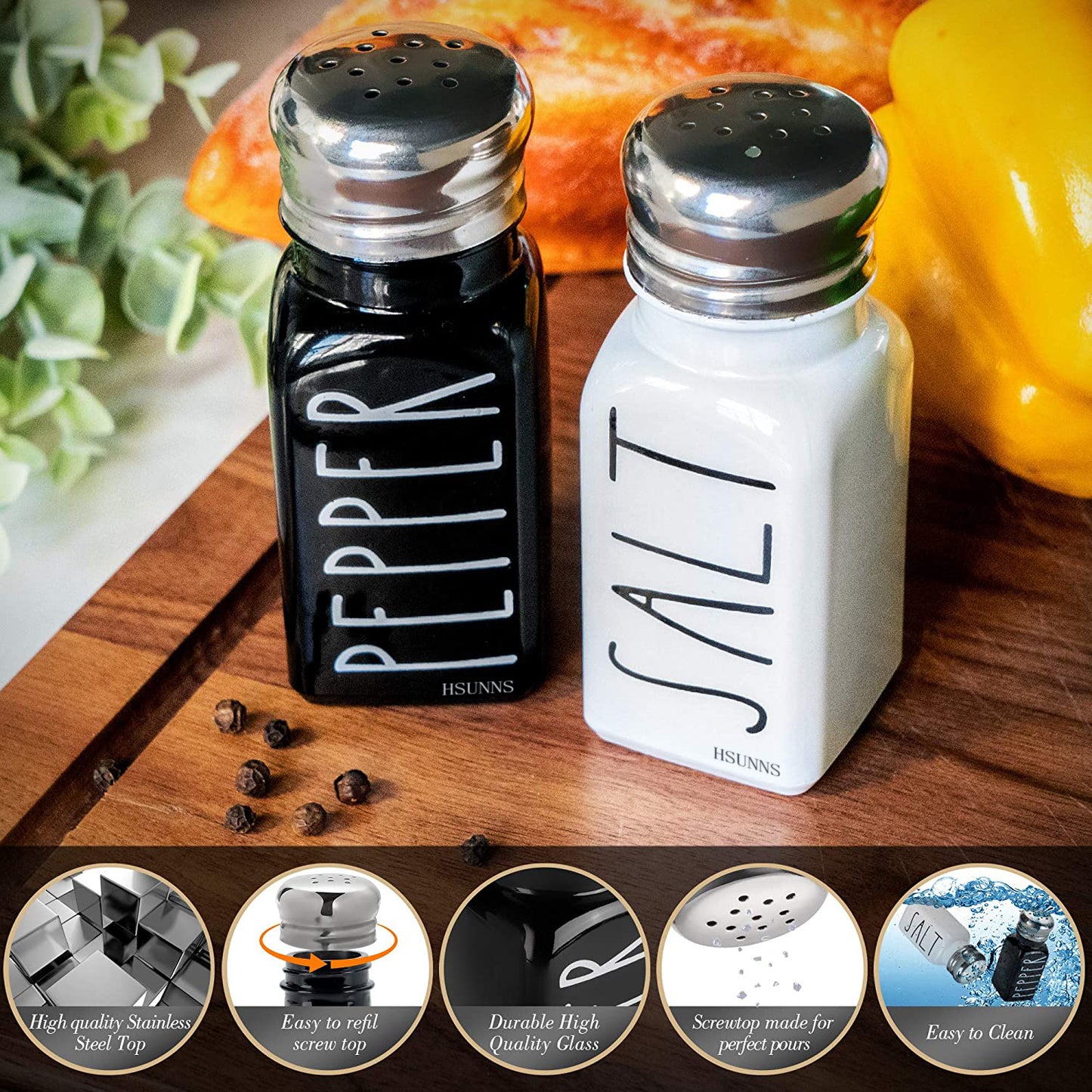 Farmhouse Salt and Pepper Shakers Set, Cute Modern Farmhouse Kitchen Decor for Home Restaurants Wedding, Gorgeous Vintage Glass Black White Shaker Sets with 4 Stainless Steel Lids