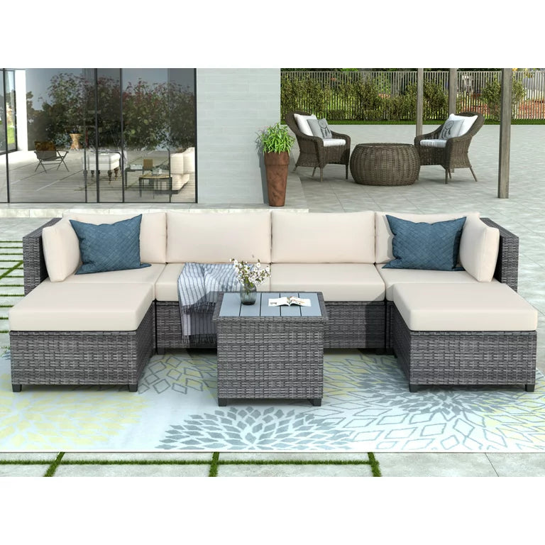7 Piece Outdoor Patio Furniture Sofa Sets, Sectional Rattan Couch Set, All-Weather Wicker Deck Conversation Set with Coffee Table and Cushions, Bistro Set for Front Porch Garden Yard Poolside, K2773