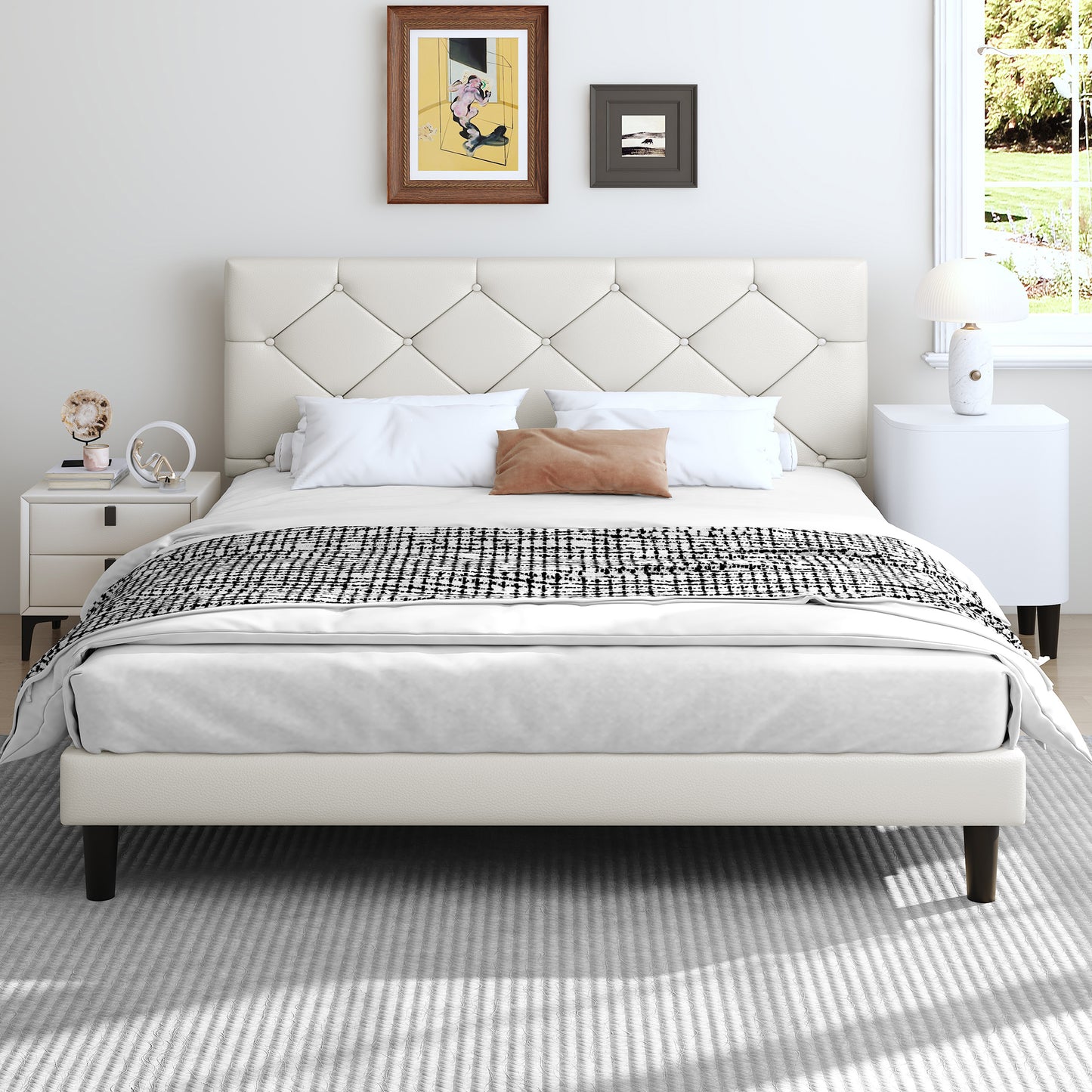 SYNGAR Queen Bed Frame with Upholstered Faux Leather Adjustable Headboard, Platform Bed Frame with Wood Slats Support, Noise-Free, Easy Assembly, No Box Spring Needed, Modern White Bed Frame