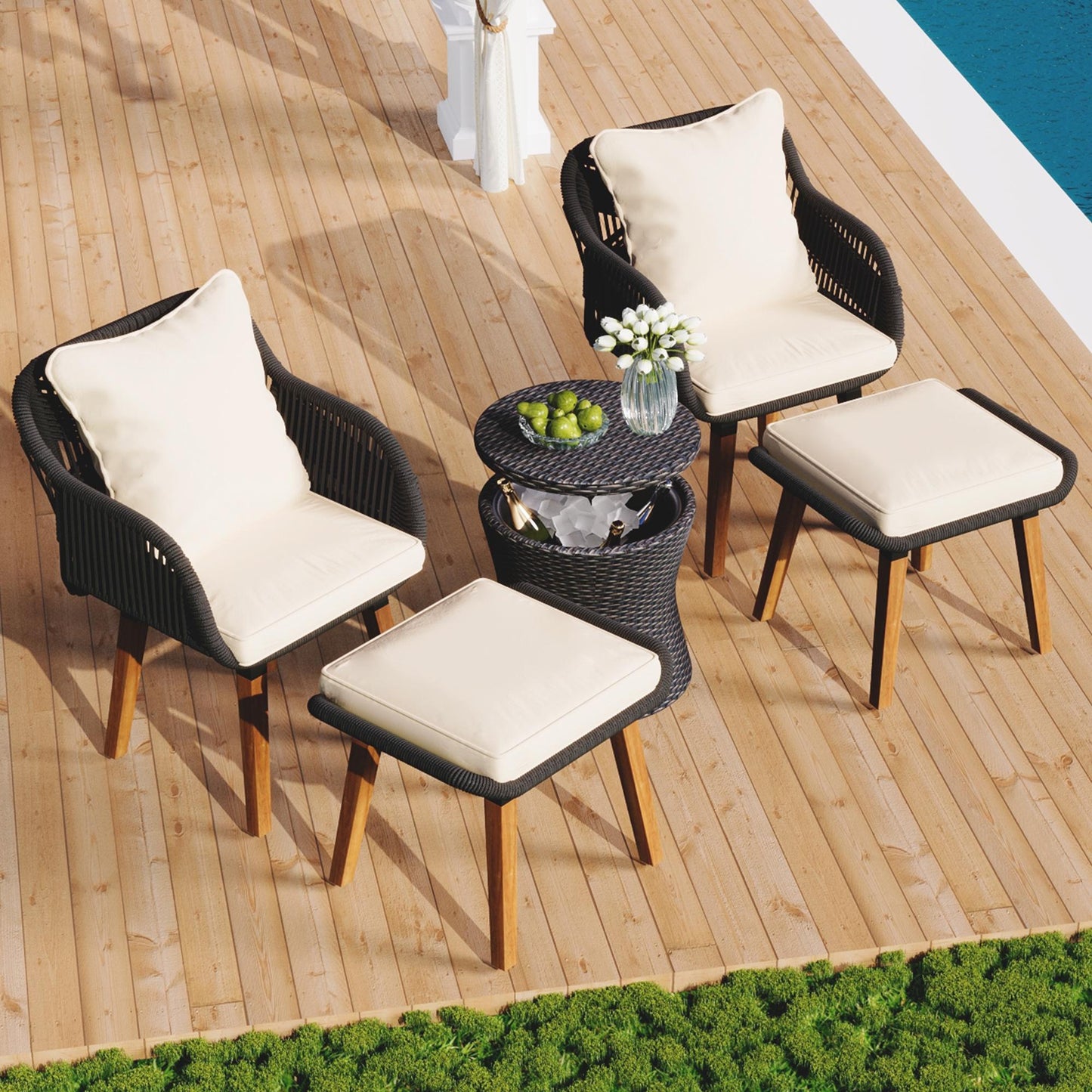 5 PCS Outdoor Rattan Furniture Set, Patio Lounge Chairs with Ottoman Footrest, All Weather Cushioned Outside Sectional Furniture Set for Backyard, Deck, Balcony, Y016