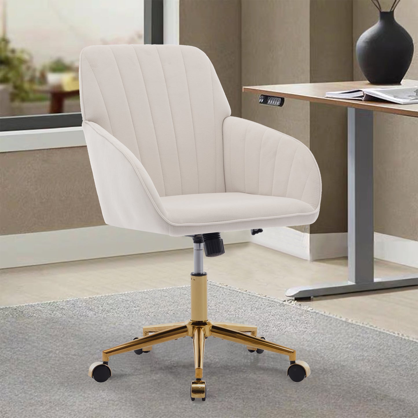 SYNGAR Office Chair with Adjustable Height, Modern Mid Back Soft Criss Cross Chair with Wheels Velvet Swivel Computer Home Task Chairs Ergonomic Executive Chair with Armrests, Rose Red