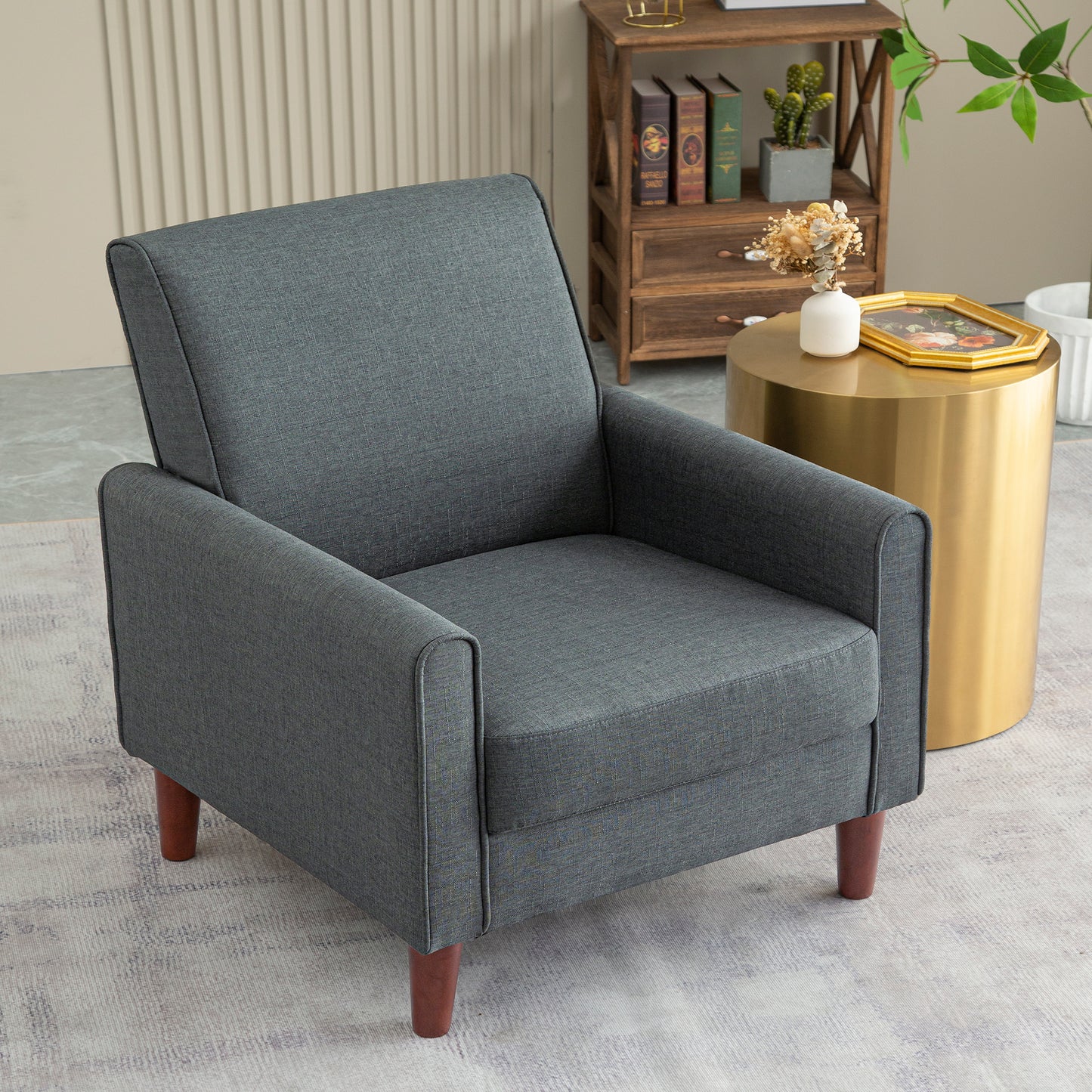 SYNGAR Accent Chair for Living Room, Bedroom Comfy Reading Armchair, Mid Century Modern Arm Chair Soft Linen Upholstered Cozy Side Single Sofa Chair Relaxing Seating, Dark Grey