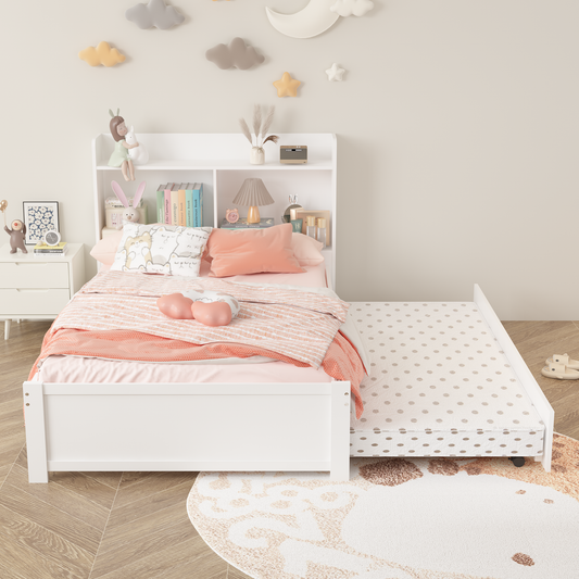 SYNGAR Twin Bed Frame with Trundle and Storage Bookcase, Modern Kids Platform Bed Frame with Pull Out Trundle, Solid Wood Trundle Bed with Headboard and Footboard, No Box Spring Needed, White