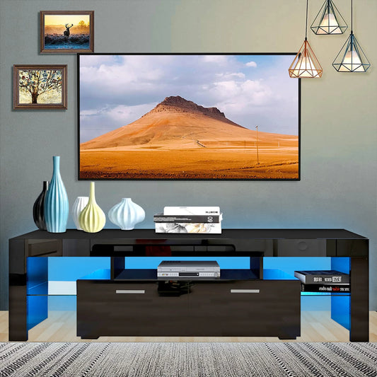 Black TV Stand for 70 Inch TV, TV Console Table with Storage, Media Console for TV, Home Furniture High Glossy TV Cabinet W/ 16 LED Light, Entertainment Center for Living Room, 63"×14"×18", Z1614