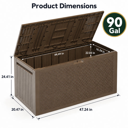 Syngar 90 Gallon Resin Deck Box, Outdoor Storage Box with Wood Grain & Maze Pattern, Waterproof Lockable Patio Storage Bench with Dual Handles for Cushions, Garden Tools & Pool Supplies, Brown