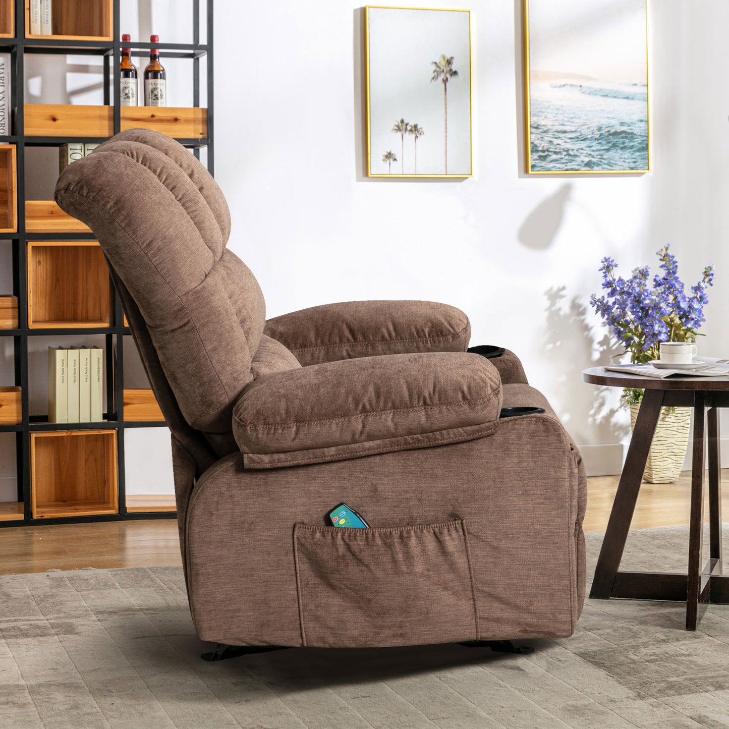 SYNGAR Manual Recliner Chair with Heat and Vibration Massage, Fabric Elderly Single Reclining Rocker Sofa with USB Charge Port, Cup Holders and Side Pocket for Bedroom Home Theater, Brown