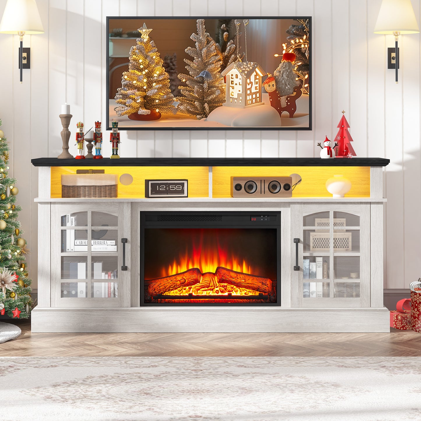 SYNGAR Fireplace Electric TV Stand for 65" TV with LED Light, Modern Entertainment Center With Remote Control Virtual Flame Fireplace, 2 Cabinet Storage, Glass Door, Storage Shelves, White+Black