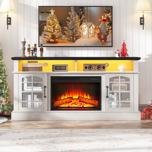 SYNGAR Fireplace Electric TV Stand for 65" TV with LED Light, Modern Entertainment Center With Remote Control Virtual Flame Fireplace, 2 Cabinet Storage, Glass Door, Storage Shelves, White+Black