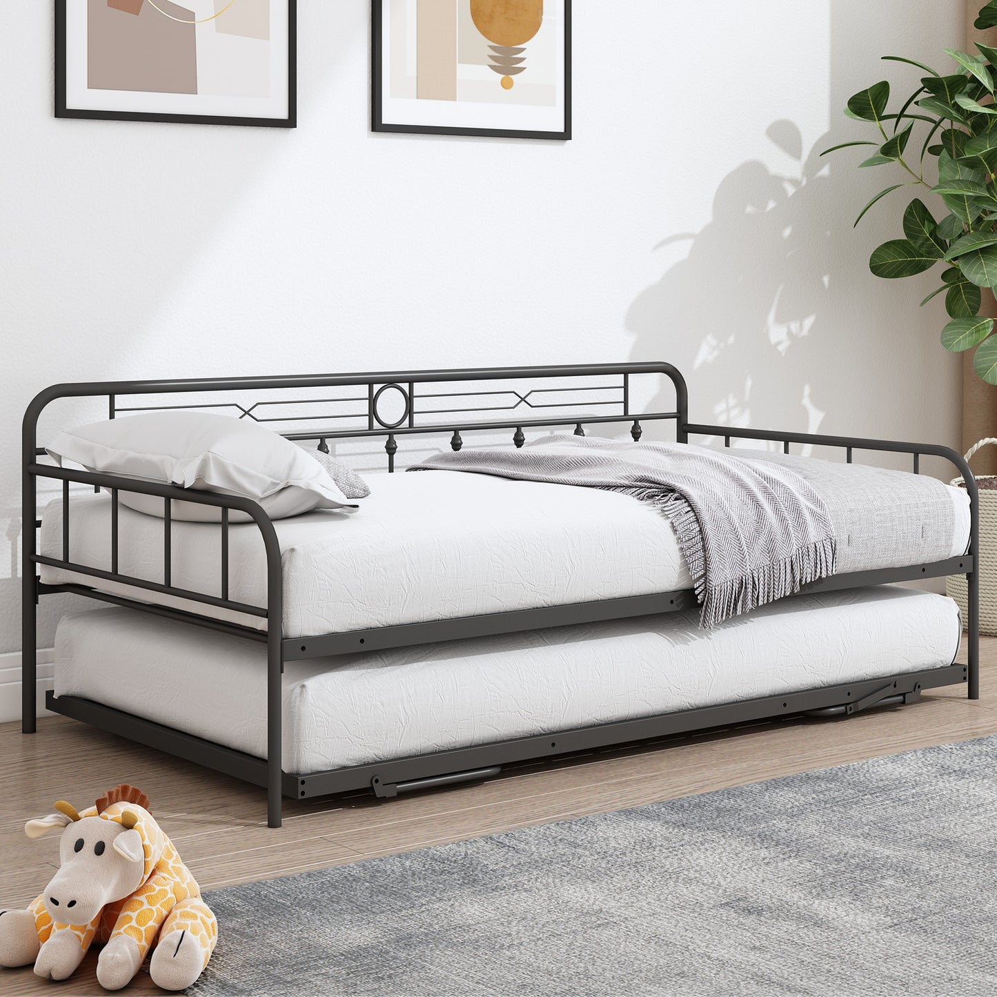 SYNGAR Twin Size Daybed with Pop Up Trundle for Kids Adults, Modern Metal Sofa Bed Platform Bed with Adjustable Trundle Can be Risen as High as Bed, Strong Steel Slat Support, Black