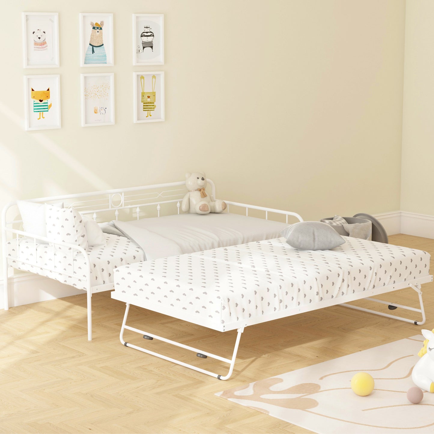 SYNGAR Daybed with Trundle, Twin Size Metal Daybed with Pop Up Trundle, Sofa Bed Day Beds Frame, Bedroom Living Room Furniture for Kids Boys Girls Adults Guest, White