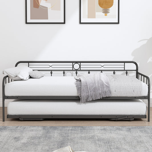 SYNGAR Twin Size Daybed with Pop Up Trundle for Kids Adults, Modern Metal Sofa Bed Platform Bed with Adjustable Trundle Can be Risen as High as Bed, Strong Steel Slat Support, Black