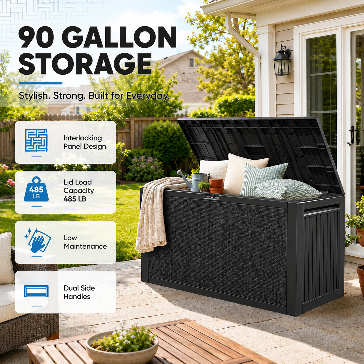 Syngar Resin Deck Box, 90 Gal Outdoor Storage Box, Waterproof Large Patio Lockable Deck Box for Outside Cushions, Pool Accessories, Throw Pillows, Garden Tools, Gray