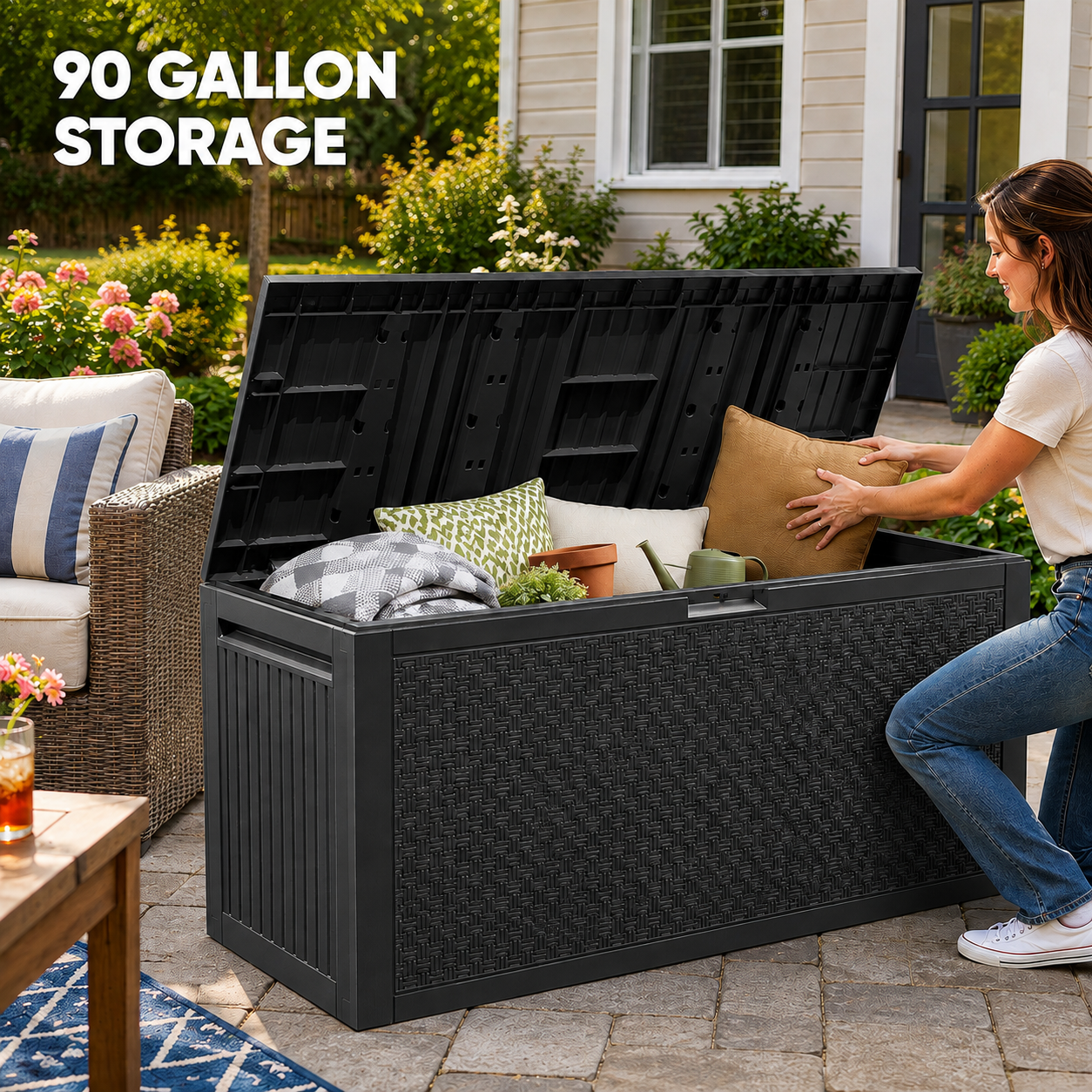 Syngar Resin Deck Box, 90 Gal Outdoor Storage Box, Waterproof Large Patio Lockable Deck Box for Outside Cushions, Pool Accessories, Throw Pillows, Garden Tools, Gray