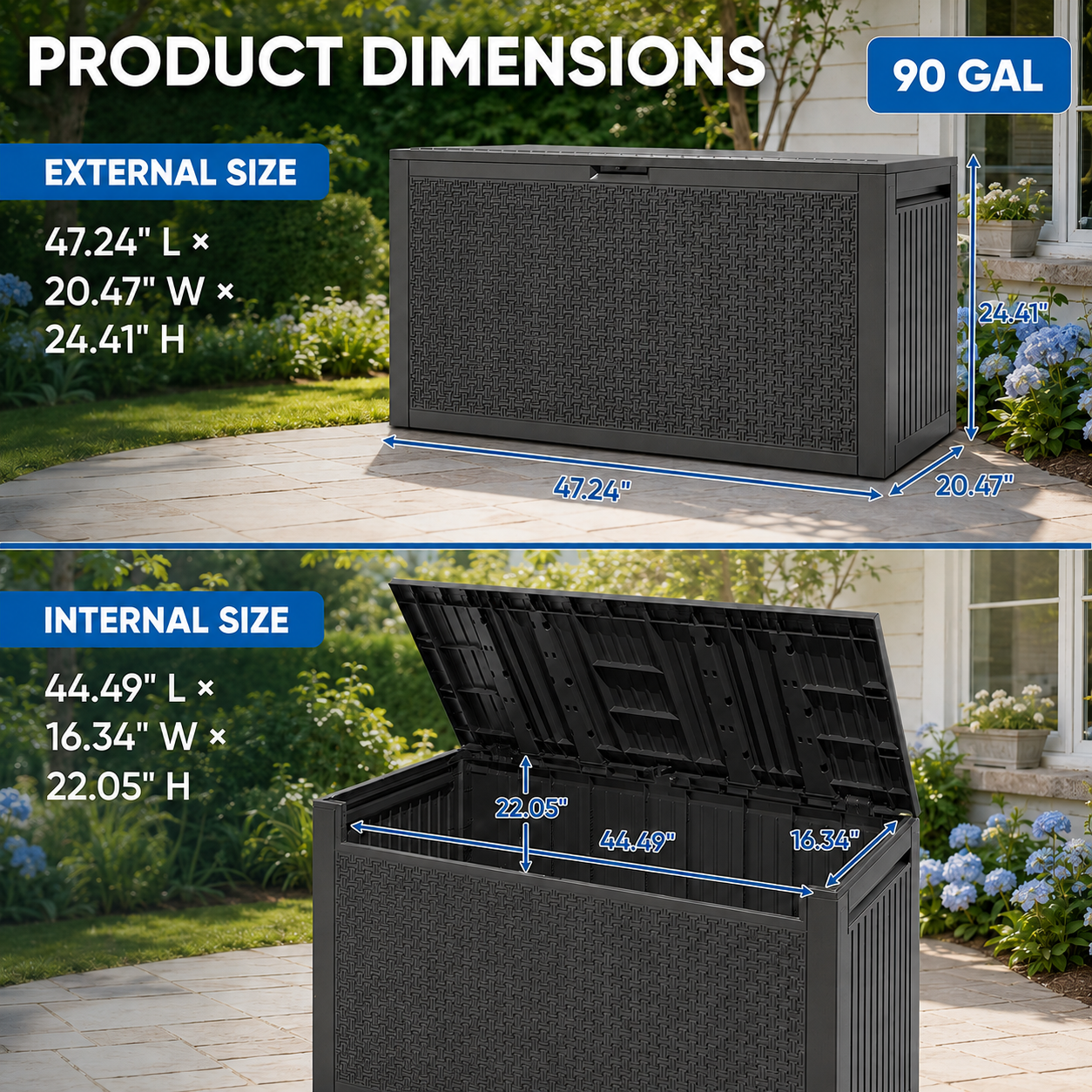 Syngar Resin Deck Box, 90 Gal Outdoor Storage Box, Waterproof Large Patio Lockable Deck Box for Outside Cushions, Pool Accessories, Throw Pillows, Garden Tools, Gray