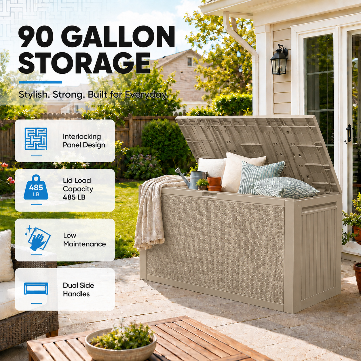 Syngar 90 Gal Deck Box, Resin Storage Box, Waterproof Large Patio Lockable Deck Box for Outside Cushions, Pool Accessories, Throw Pillows, Garden Tools, Black