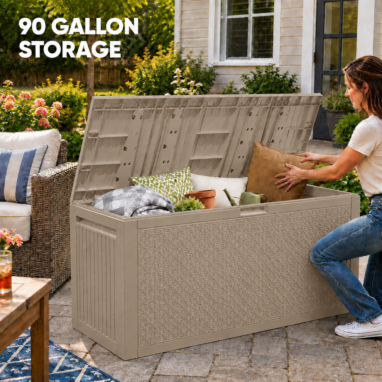 Syngar 90 Gal Deck Box, Resin Storage Box, Waterproof Large Patio Lockable Deck Box for Outside Cushions, Pool Accessories, Throw Pillows, Garden Tools, Black