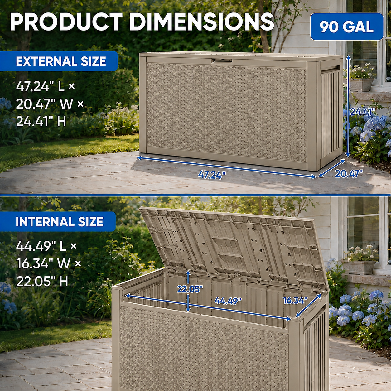 Syngar 90 Gal Deck Box, Resin Storage Box, Waterproof Large Patio Lockable Deck Box for Outside Cushions, Pool Accessories, Throw Pillows, Garden Tools, Black
