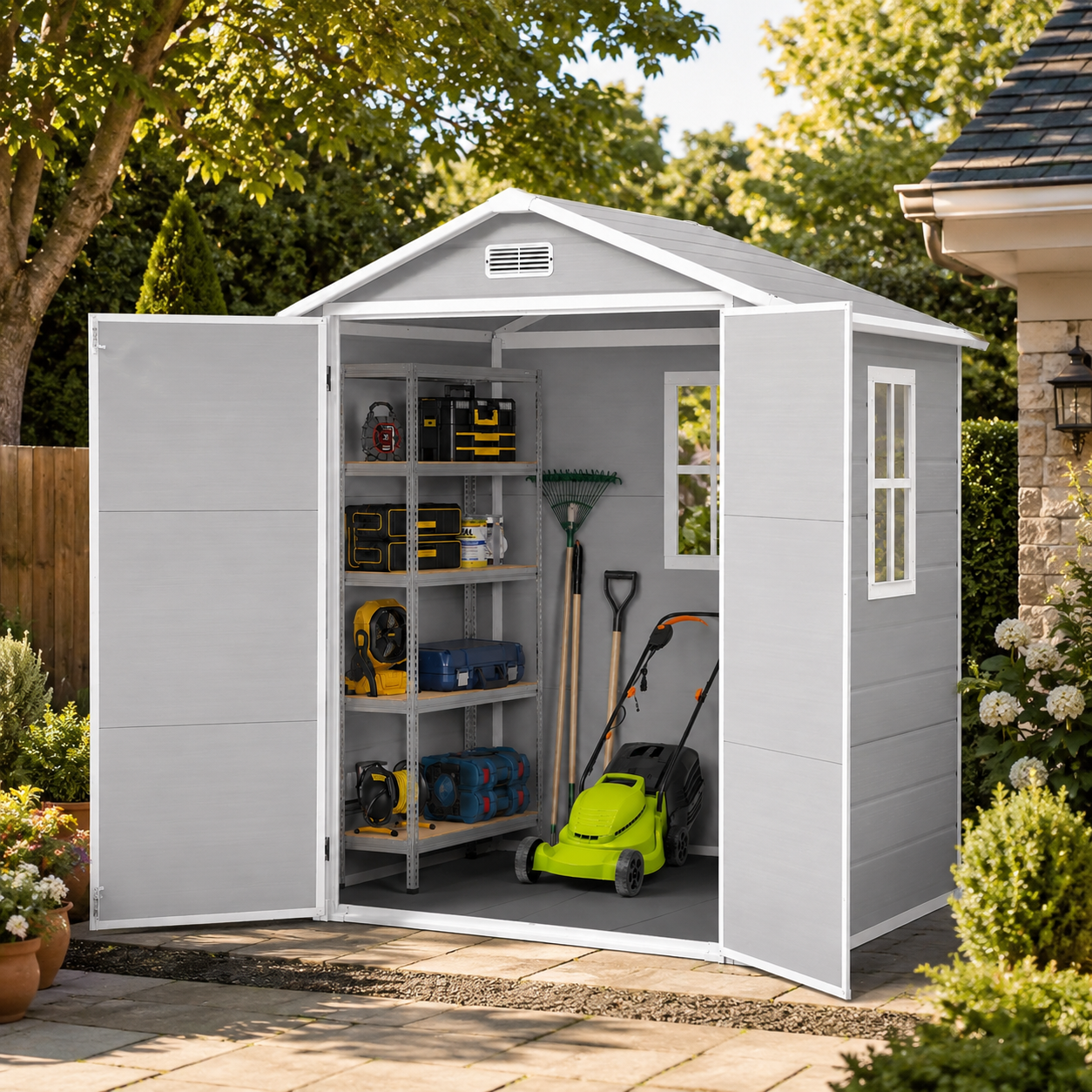6' x 4' Outdoor Storage Shed with Metal Base, Metal Tools Storage Shed, Galvanized Steel Garden Shed with Lockable Doors for Backyard, Patio, Lawn, D9133