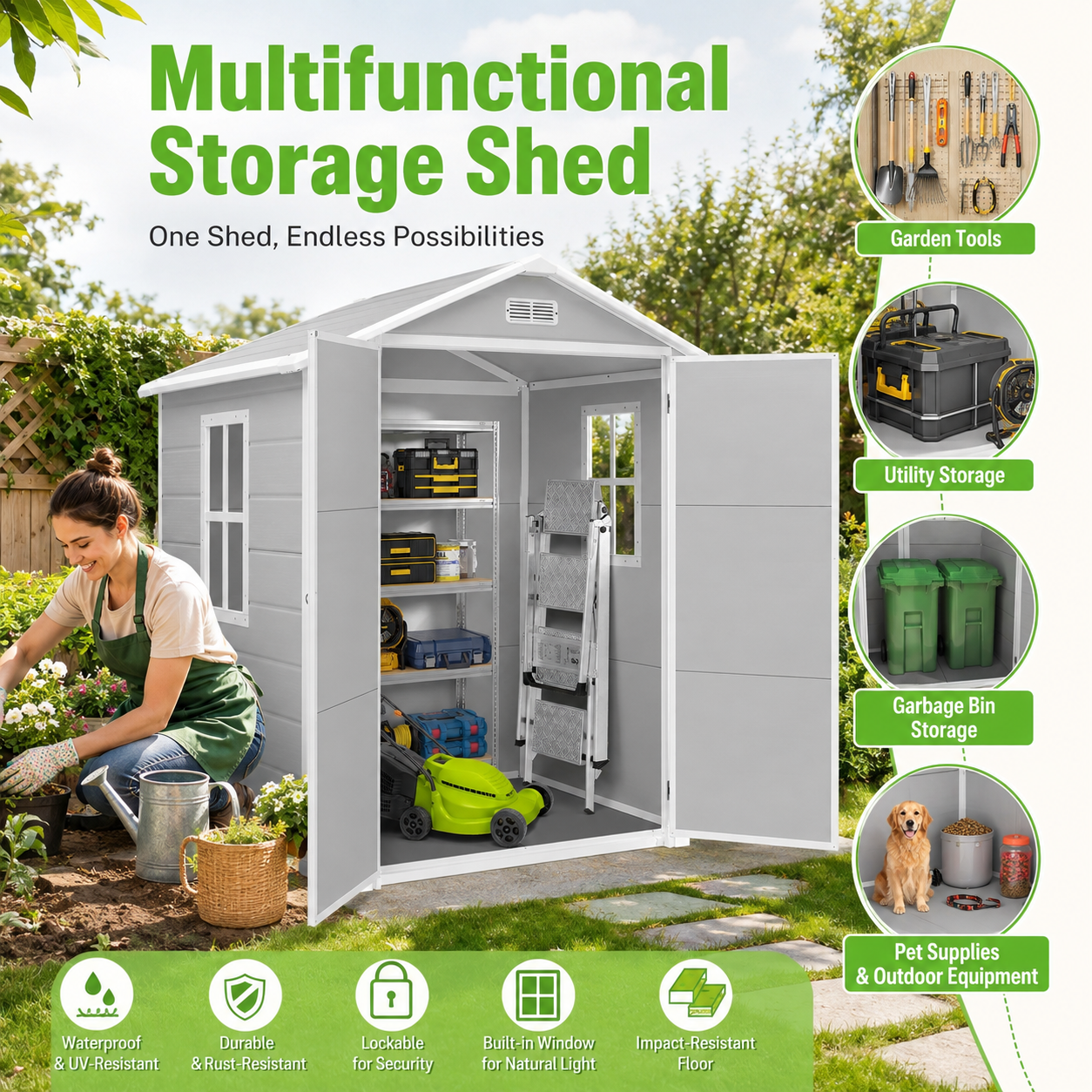 6' x 4' Outdoor Storage Shed with Metal Base, Metal Tools Storage Shed, Galvanized Steel Garden Shed with Lockable Doors for Backyard, Patio, Lawn, D9133