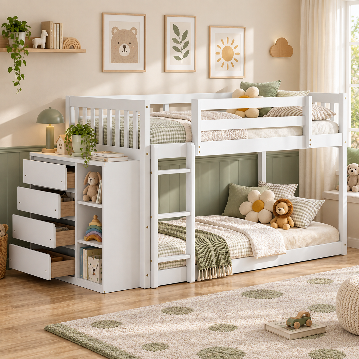 Syngar Twin Over Twin Low Bunk Bed with 4 Drawers & 3 Shelves, Wood Storage Bunk Bed with Reversible Ladder, Guardrails, No Box Spring Needed for Teens, White