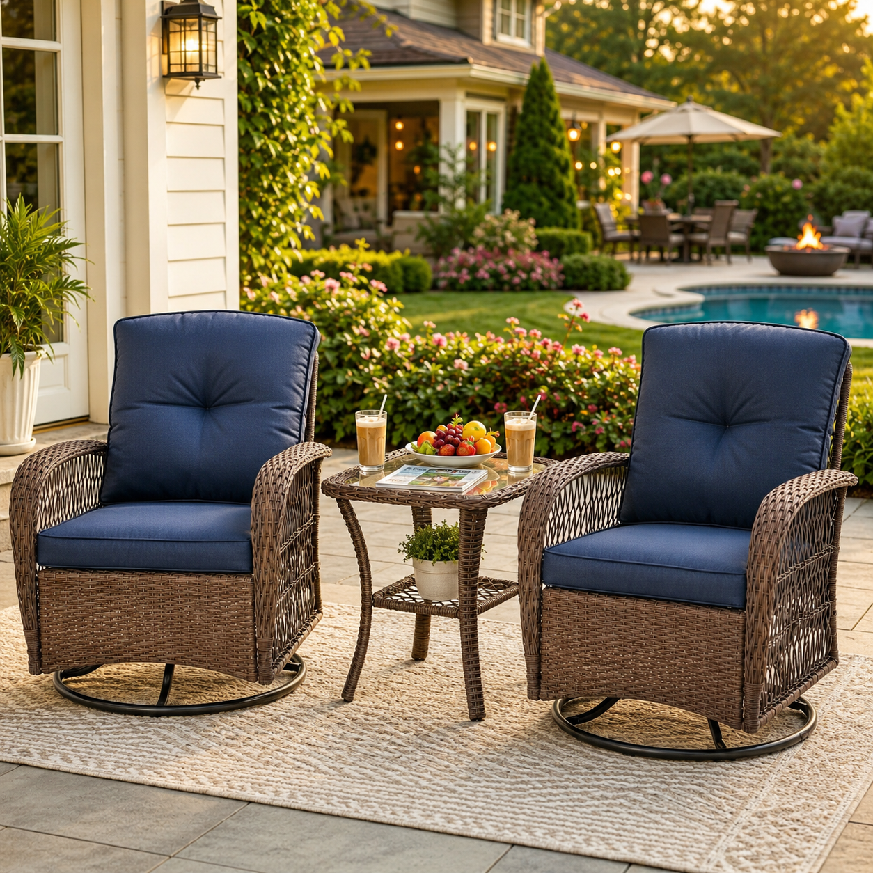 3 Piece Patio Swivel Rocker Chairs Set, 2 360-Degree Swivel Rocking Chairs with 1 Glass Top Table, PE Rattan Outdoor Bistro Set with Cushions for Balcony Deck Poolside Backyard Porch