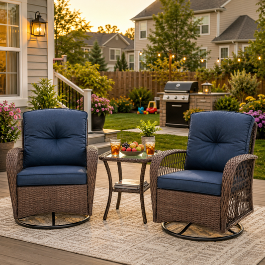 3 Piece Patio Swivel Rocker Chairs Set, 2 360-Degree Swivel Rocking Chairs with 1 Glass Top Table, PE Rattan Outdoor Bistro Set with Cushions for Balcony Deck Poolside Backyard Porch