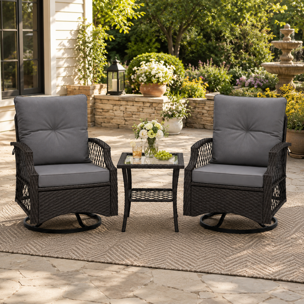 3 Piece Patio Swivel Rocker Chairs Set, 2 360-Degree Swivel Rocking Chairs with 1 Glass Top Table, PE Rattan Outdoor Bistro Set with Cushions for Balcony Deck Poolside Backyard Porch