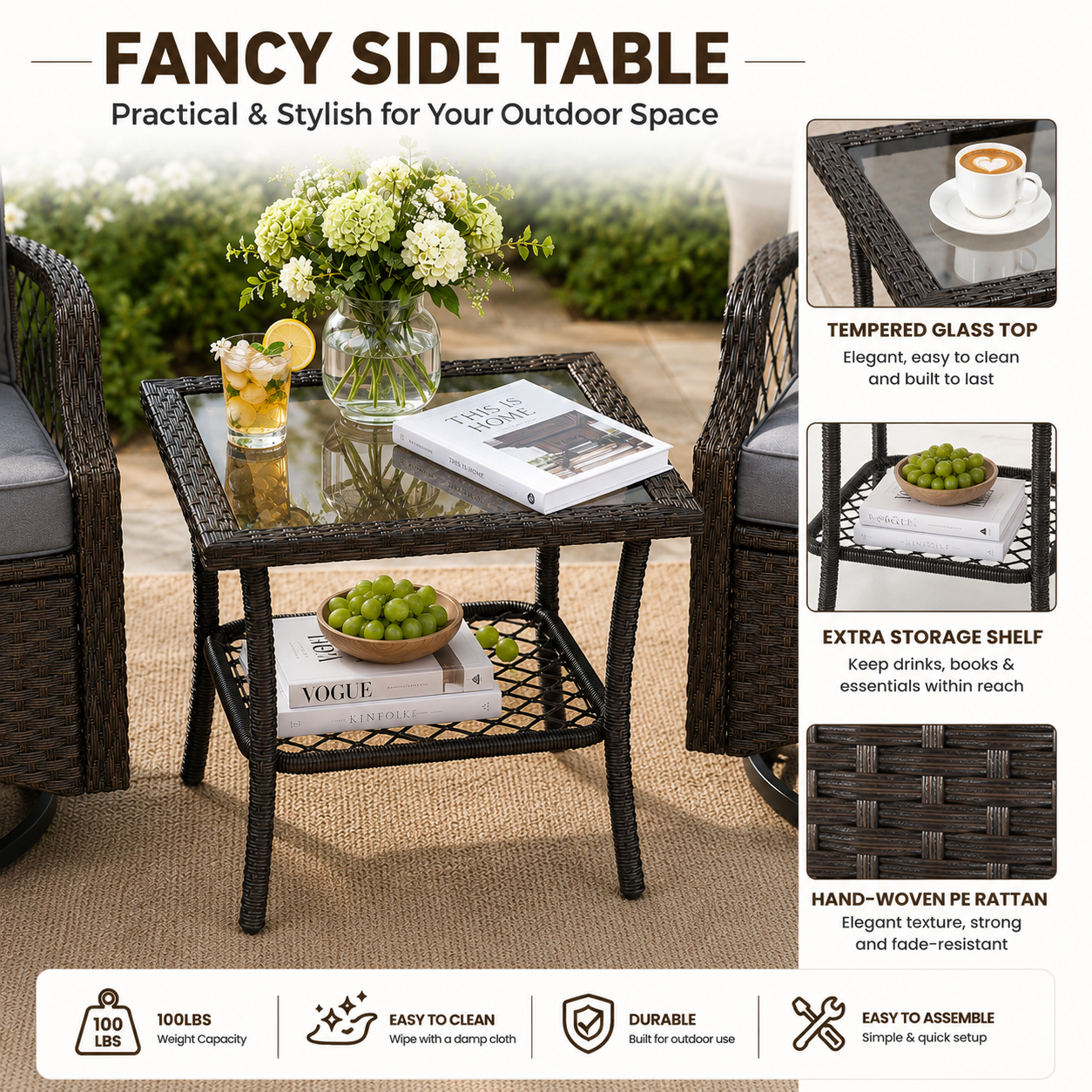3 Piece Patio Swivel Rocker Chairs Set, 2 360-Degree Swivel Rocking Chairs with 1 Glass Top Table, PE Rattan Outdoor Bistro Set with Cushions for Balcony Deck Poolside Backyard Porch