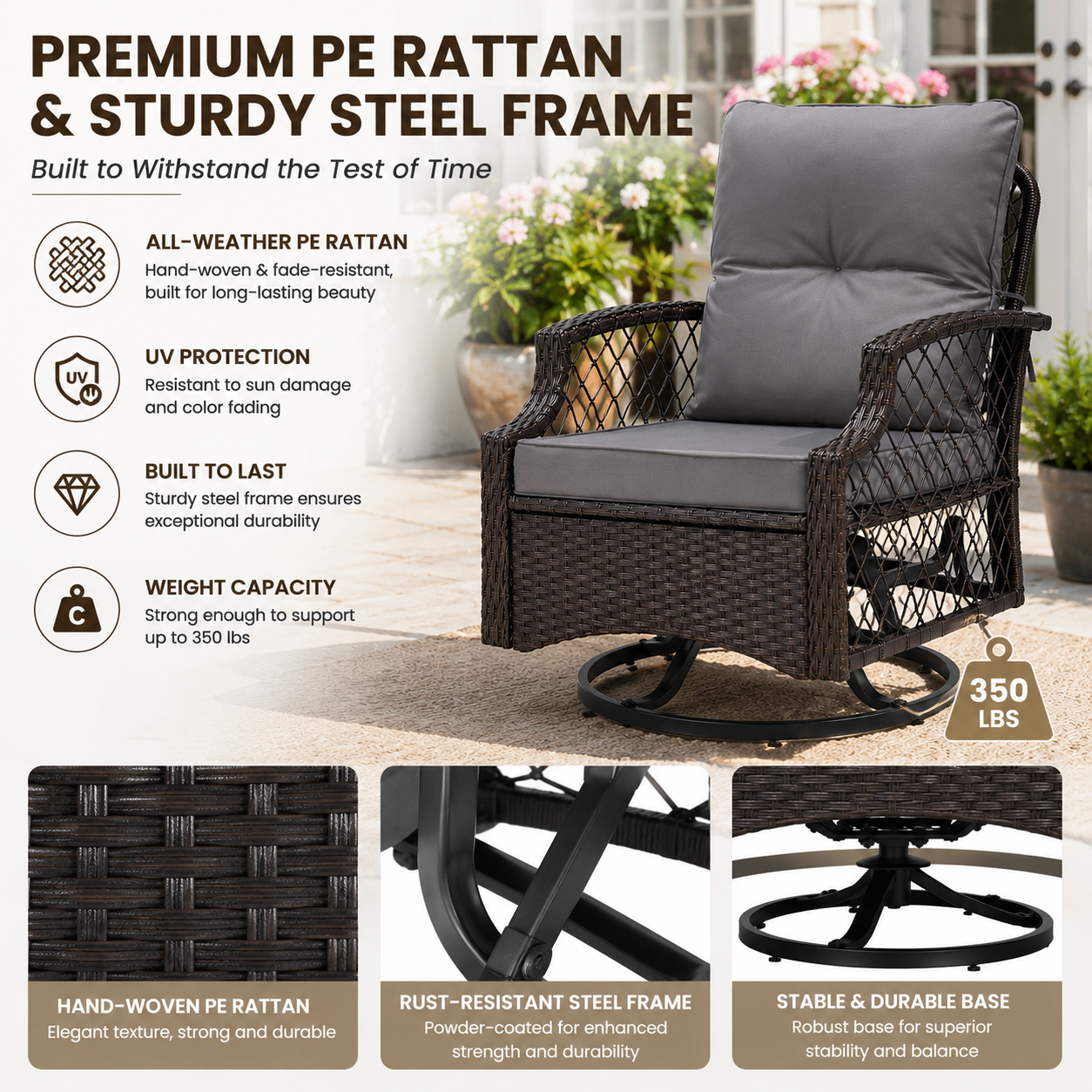 3 Piece Patio Swivel Rocker Chairs Set, 2 360-Degree Swivel Rocking Chairs with 1 Glass Top Table, PE Rattan Outdoor Bistro Set with Cushions for Balcony Deck Poolside Backyard Porch