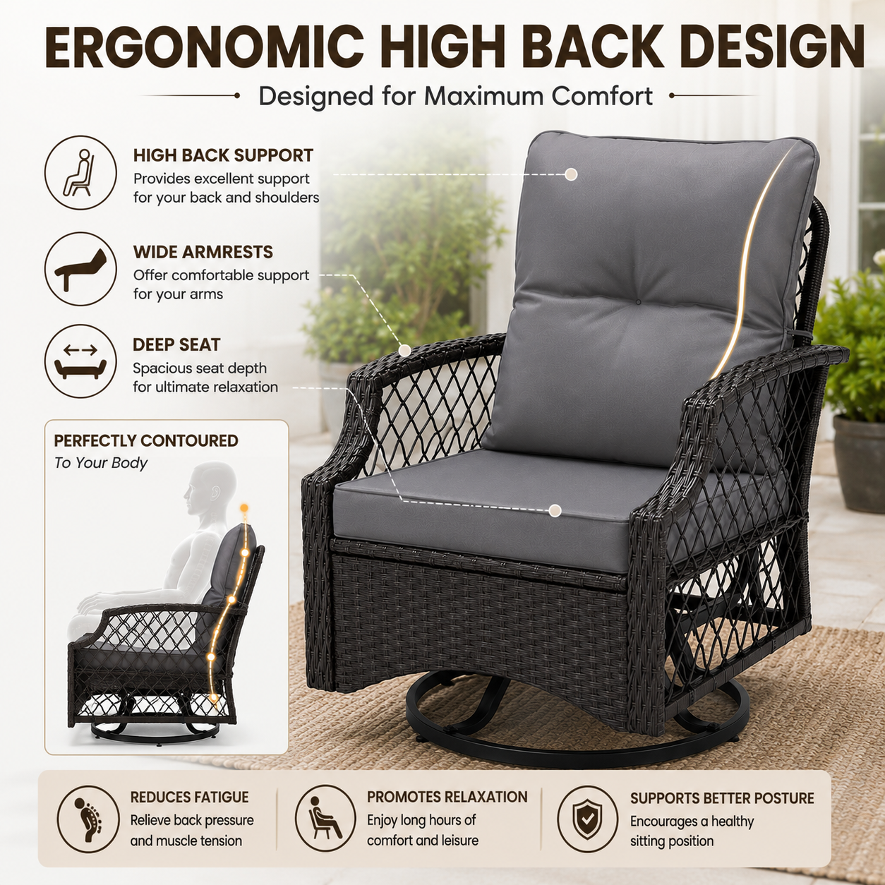 3 Piece Patio Swivel Rocker Chairs Set, 2 360-Degree Swivel Rocking Chairs with 1 Glass Top Table, PE Rattan Outdoor Bistro Set with Cushions for Balcony Deck Poolside Backyard Porch